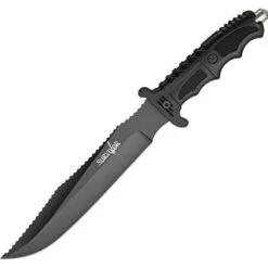 China Made M4139 Survival Fixed Black Finish Blade Knife With Textured Black Finger Grooved Handles
