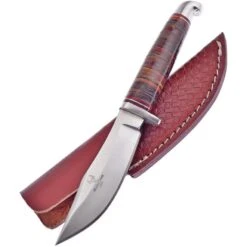 Frost WT1028 Fixed Stainless Clip Point Blade Knife With Brown Stacked Leather Handle