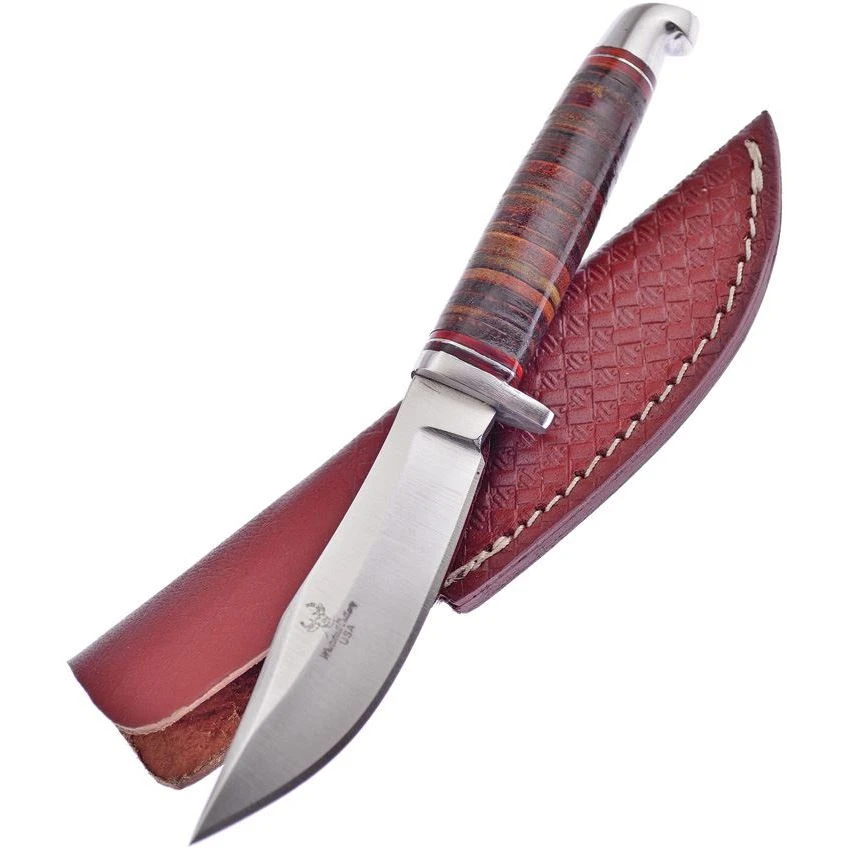 Frost WT1028 Fixed Stainless Clip Point Blade Knife With Brown Stacked Leather Handle