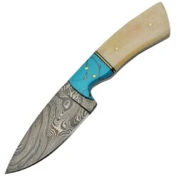 Damascus 1186 Fixed Damascus Steel Blade Knife With Smooth Bone And Turquoise Handle