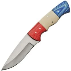 Pakistan 3383 Fixed Satin Finish Stainless Blade Knife With Red Wood, White Bone And Blue Wood Handle
